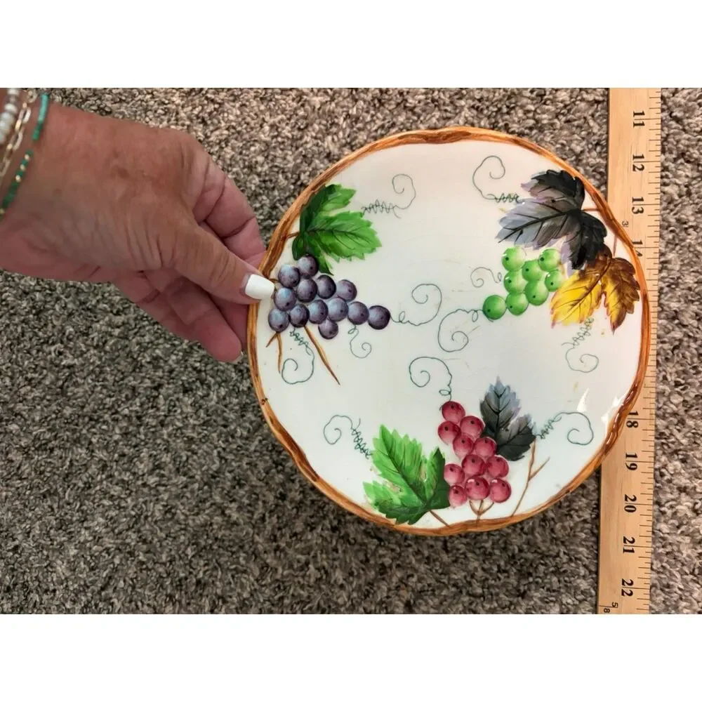 Vtg. Lefton Handpainted grape and vine design pedestal 9